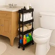 ShellKingdom 4 Tier Bathroom Storage Organizer, Slim Rolling Storage Cart for Narrow Space, Mobile Shelving Unit with Lockable Wheels and Hooks for Bathroom, Kitchen, Laundry Movable Shelf (Black)