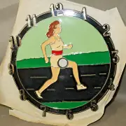 VINTAGE 1985 Ramar IND Plastic Clock Face Woman Runner Track 6" x 5.75"