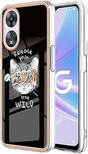 [COMAKU] Case for Oppo A78 5G / Oppo A58 5G, with Electroplate Golden Edging Embossed Painting Pattern Design Soft TPU+PC Silicone Shockproof Case Cover - Cat
