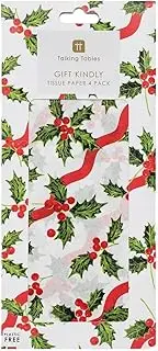 Talking Tables 4 x Holly Christmas White Tissue Paper for Wrapping Gifts and Presents, Arts, DIY, Secret Santa Packaging Sheets, Crafting for Kids, Crepe Paper