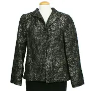 EILEEN FISHER Black Silver Metallic Jacquard Wool Blend Open Front Jacket S