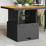 Garden Table, Black Poly Rattan Acacia Wood, Height Outdoor, Round Top, Folding Table, Dining Tables for Patio, 80x80x71 cm
