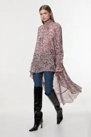 Petite Viscose Crinkle Paisley Frill Detail Tunic