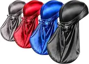 [Quxyxso] Silky Durag Caps Headwraps with Long Tail，4 Pack Unisex Satin Durags Wide Straps Headwraps for Men Women Pirate Caps Head Wrap Beanie Hats Waves Silky Durag Cap Black