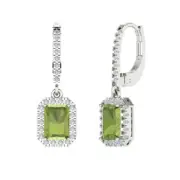 3.5 Emerald Round Cut Halo Peridot Lever back Earrings Solid 14k White Gold