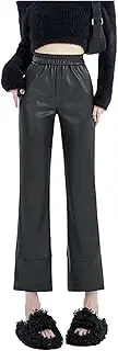 [Dawwoti] Women's Pu Plus Fleece Leather Pants Straight-Leg Bootcut Trousers Women Wet Look Leggings