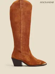 Sosandar Brown Suede Tab Detail Knee High Western Boots With Metal Trim (190860) | $381