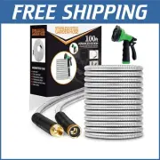 Durable 100ft Stainless Steel Garden Hose with 10 Function Nozzle - No Kinks!