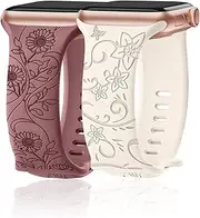 MATCHEASY Floral Engraved Silicone band Compatible with Apple Watch 40mm 41mm 38mm 42mm for Damen, Sport strap Compatible for iWatch Series Se 10 9 8 7 6 5 4 3 2 Ultra, 2 Packs