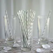 200 pcs 8" White and Silver Biodegradable Striped Paper Straws Light Gray Party