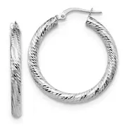 10K White Gold 3X20 D/C Round Hoop Earrings
