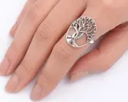 Tree of Life & Leaf Ring Genuine Sterling Silver 925 Face Height 22mm Size 11