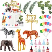 Hooqict 34 Pcs Safari Animal Cake Toppers with Mini Birthday Party Hats, Tiger, Giraffe, Elephant, Zebra Party Animal Jungle Cake Decorations for Kids Wild Zoo Theme Party Decorations