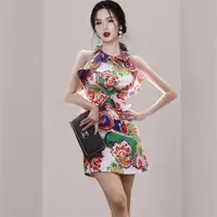 在飛比找蝦皮商城優惠-OL洋裝小禮服裙0252#夏裝韓版氣質性感掛脖荷葉邊收腰印花