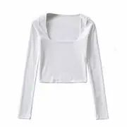 Long-Sleeve Square Neck Plain Cropped T-Shirt White - M
