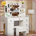 Vanity Desk Stool Set with 10 LED Lighted Mirror & 5 Drawers Dressing Table