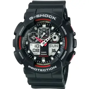 CASIO卡西歐G-SHOCK 外觀更顯剛強三錶盤設計錶-黑紅色(GA-100-1A4)原廠公司貨