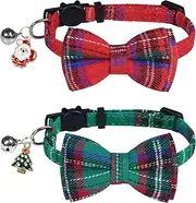 STMK 2 Pack Christmas Cat Collars With Bell, Breakaway Holiday Kitten Collars With Bowtie, Santa Tree for Cats Costumes Outfits (Red and Green)
