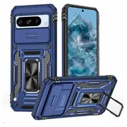 For Google Pixel 8 Pro Slide Camera Cover & Kickstand, Built-in 360° Rotate Ring Stand Magnetic Ring Shockproof Heavy Duty Case (Navy Blue)