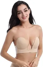 [Generic] Women's Push Up Adhesive Bra Reusable Deep U-Shaped Sticky Bra Strapless Backless Breast Lifting Bra