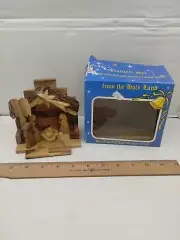 VINTAGE Hand Carved Olive Wood Christmas Nativity Scene Manger Bethlehem Isreal