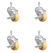 3.5 Inch SS Yellow Poly Swivel 3/8 Inch Threaded Stem Caster Set Brake