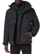 Andrew Marc Ingram Chevron Quilted Open Bottom Puffer with Snorkel Hood
