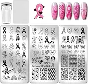 PH PandaHall 3pcs Pink Ribbon Nail Stamp Plate Ribbon Bows Pattern Print Art Template Stainless Steel Nail Image Plate with Stamper and Scrape for Breast Cancer Women Printing 12x6cm
