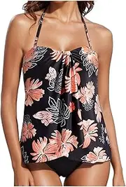 [Generic] Womens Floral Printed Halter Tankini Sets Flowy Swimwear Two Piece Bathing Suits Swim Bandeau Top with Boyshorts