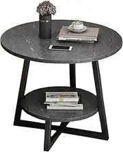 Round Side Table with Faux Marble Top and Shelf Perfect for Living Room or Bedroom Decor Nightstand or Bedside Table Small 2 Tier Table in Black Finish 40cm Height