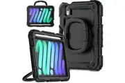 WASSUP iPad Mini 7 2024/Mini 6 2021 8.3 Inch Rotatable Handle Ring Folding Stand Case with Screen Protector-Black&Black