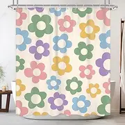 [Newsely] Retro Flower Shower Curtain 60Wx72H Inch Danish Pastel Colorful Vintage Floral Cute Lovely Bright Shower Curtain Bathroom Set for Girls Woman Waterproof Bath Decoration Accessories Home Decor