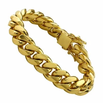 14k Gold Thick Heavy Miami Mens Cuban Link Bracelet High Quality Stainless Steel