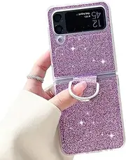 LINYUNE Galaxy Z Flip 4 5G Case with Ring, Glitter Crystal Bling Sparkly Leather with Slim Fit Hard PC Bumper Protective Cases Cover for Samsung Galaxy Z Flip4 (Purple)