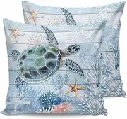Outdoor Throw Pillow Covers Waterproof Pillow Cases 16x16In, Blue Sea Turtle on Wood Barn Decorative Pillow Covers Cushion Cases for Couch Sofa Patio Garden,2 Pack Colorful Starfish Coral