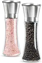 DaZone Salt and Pepper Grinder Set, Stainless Steel Pepper Mills , Salt and Pepper Shakers Set of 2- Brushed Stainless Steel Pepper Mill and Salt Mill, 6 Oz Glass Tall Body, 5 Grade Adjustable Ceramic Rotor – Best for Tasty and Healthy Food