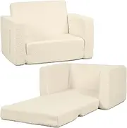 FAYDUDU Kids Sofa, 2-in-1 Fold Out Soft Toddler Couch, Toddler Sofa Bed with Washable Covers, Toddler Chair with Side Pocket Suitable for Playroom and Bedroom, Baby Sofa for Boys and Girls (Beige, S)