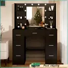 Makeup Vanity Set 10 LED Bulbs Mirror Vanity Table 7 Drawers Black Makeup Desk