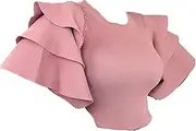 [Zylphorix] Women Round Neck Ruffle Sleeve T-Shirt Layered Ruffle Butterfly Sleeve Blouse Tee Solid Color Crewneck Lotus Leaf Sleeve Top