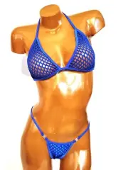 New exotic dancer thong bikini 2 piece set A/B cup Blue cabaret mesh
