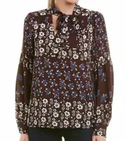 $248 NWT PARKER SzXS TIE FRONT FLORAL PRINT LONG SLEEVE BLOUSE CORDOVAN ACACIA