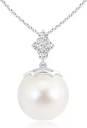 [Angara] Freshwater Cultured Pearl Pendant Necklace with Diamond Clustre in Sterling Silver/14ct Solid Gold for Women | June Birthstone Jewellery for Her