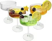 4 Pcs Ribbed Coupe Glasses, 10 oz Vintage Cocktail Coupe Glasses Set, Classic Cocktail Galssware, Bar Drinking Glasses Set Pefect, Wine, Champagne & Gift (CLEAN)