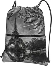 Eiffel Tower Pattern Print Drawstring Backpack Gym Bags Sports Bags With Zipper Pocket For Travel Beach, Black, One Size
