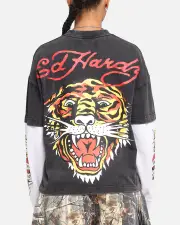 [ED HARDY] Ed Hardy Tiger Layered Long Sleeve T-shirt Black - Size S S Black