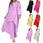 Women Two Piece Outfits Irregular Split Long Sleeve Cotton Linen Tops Long Pants