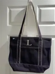 Lands End Zip Top Long Handle Canvas Tote Bag "L" Monogram NEW