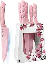 Kitchen Knife Set, 6 Pieces Pink Stainless Steel Sharp Cooking Knife Set with Acrylic Stand, Non-stick Coating Pink Flower Block Knife Set with Gift Box for Women Girls (Pink)