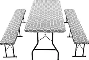 3PCS/Set Picnic Table Cover with Bench Covers, Waterproof Picnic Table Covers with Elastic, 30x72 Inch Non Slip Fitted Picnic Table Cover, Easy to Clean Camping Tablecloth for Outdoor Picnic Table Co