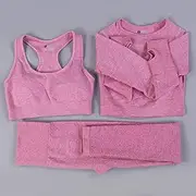 Yoga Set Women Seamless Yoga Set Fitness Clothing Sports Suits Gym Long Sleeve High Waist Running Leggings Workout Pants Shirts ​,Pink 3pcs Set,S